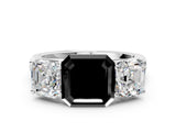 White gold Fancy Black Asscher Cut Three-Stone Diamond Ring with Prong Setting on a Classic Band