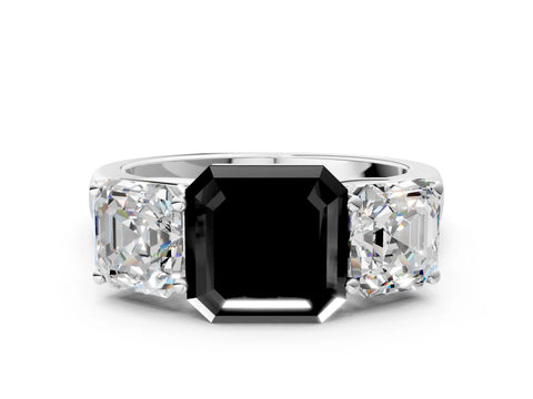 White gold Fancy Black Asscher Cut Three-Stone Diamond Ring with Prong Setting on a Classic Band