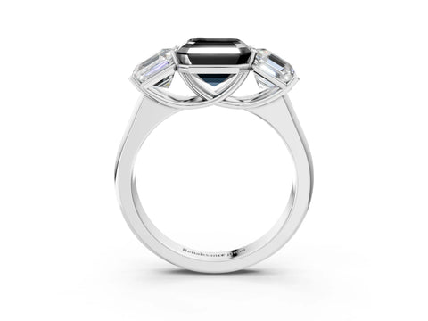 White gold Fancy Black Asscher Cut Three-Stone Diamond Ring with Prong Setting on a Classic Band_3