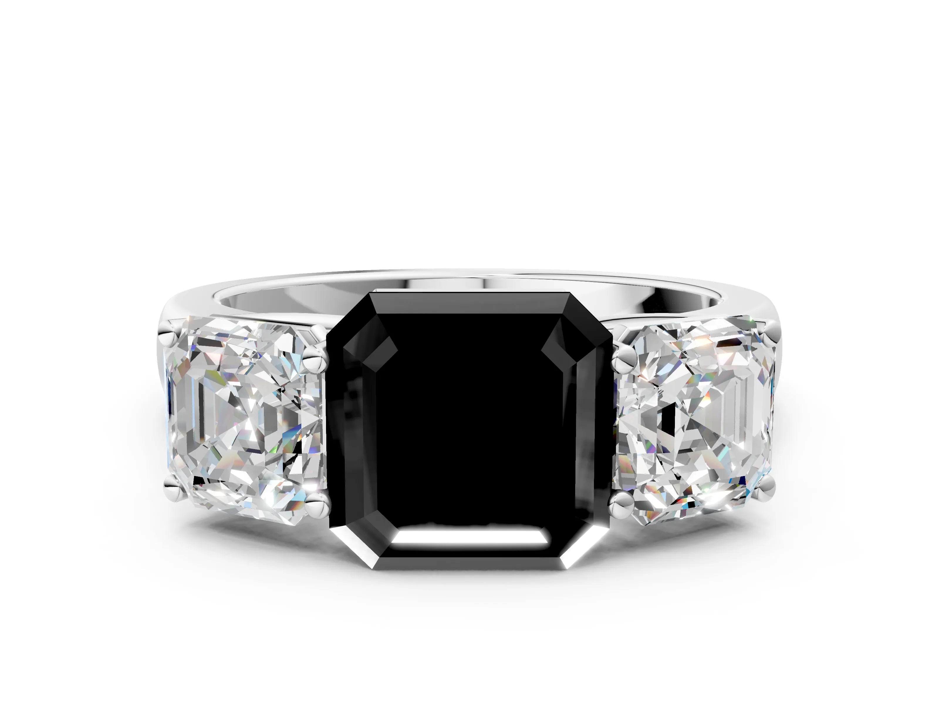 White gold Fancy Black Asscher Cut Three-Stone Diamond Ring with Prong Setting on a Classic Band