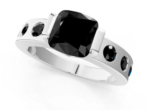 White gold Fancy Black Cushion Cut Brilliant Channel-Set Diamond Ring with Bezel Prong Setting_13