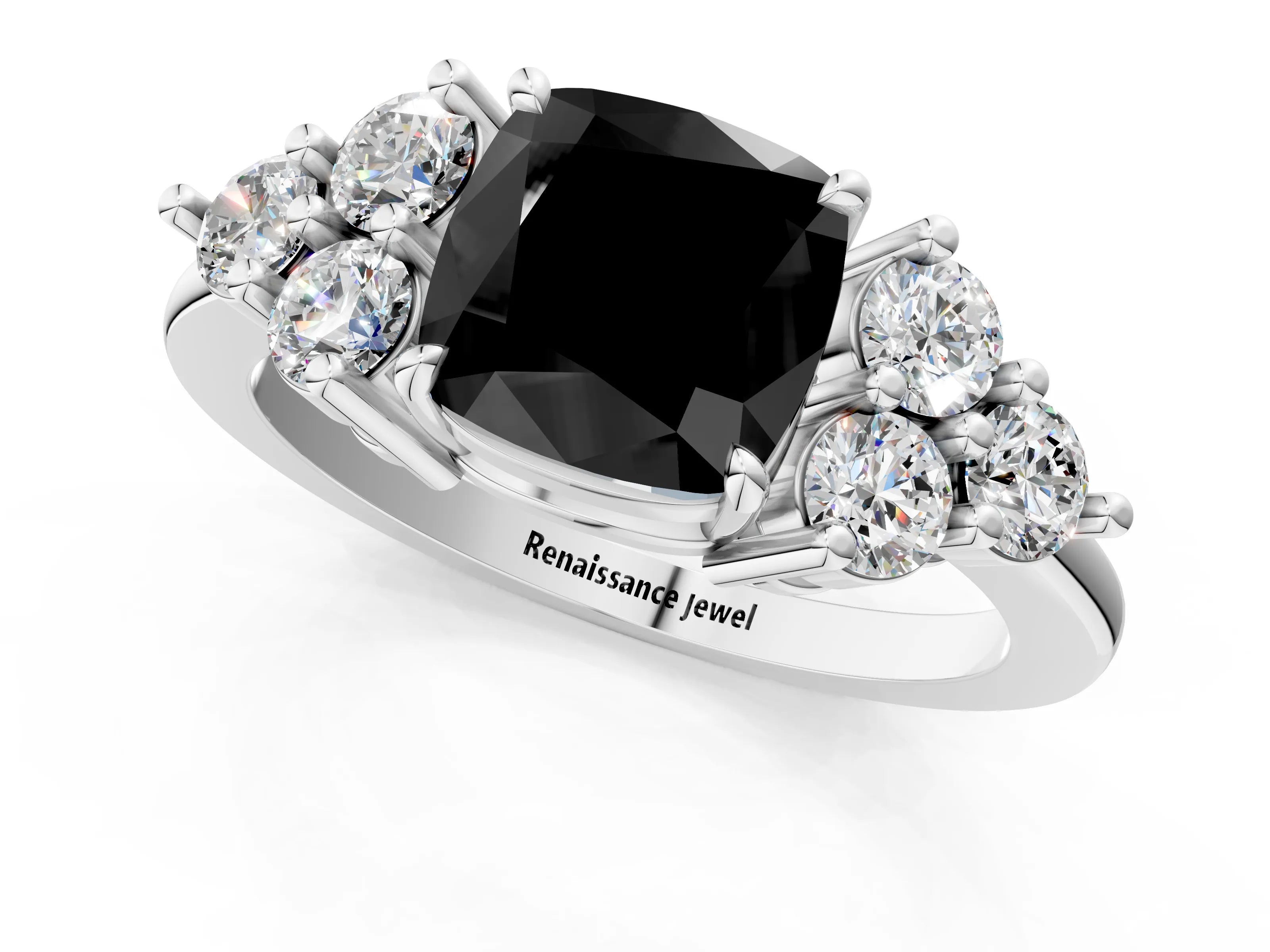 White gold Fancy Black Cushion Cut Brilliant Diamond Cluster Accent Solitaire Ring with Prong Setting_13