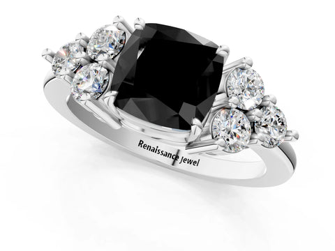 White gold Fancy Black Cushion Cut Brilliant Diamond Cluster Accent Solitaire Ring with Prong Setting_13