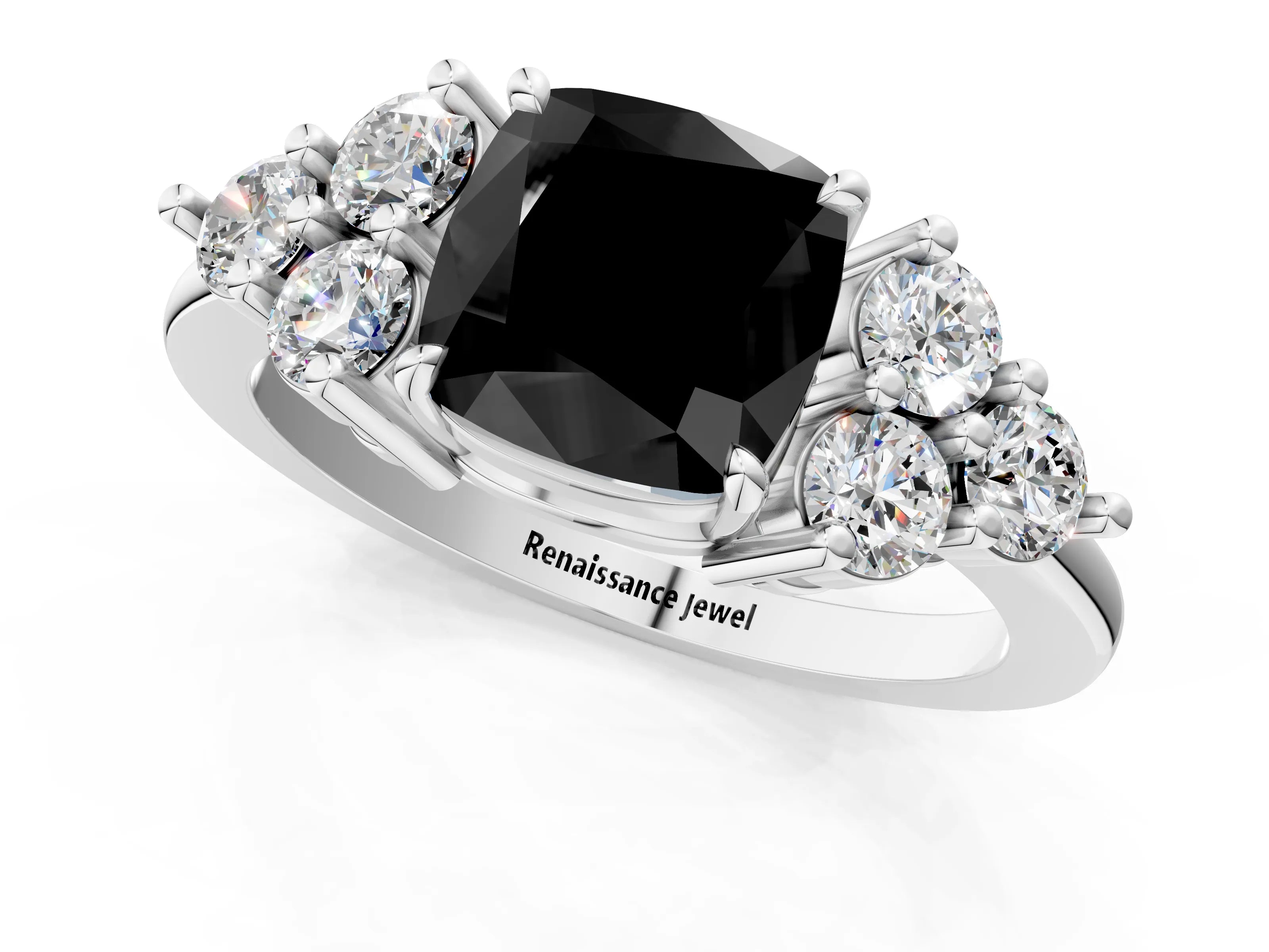 White gold Fancy Black Cushion Cut Brilliant Diamond Cluster Accent Solitaire Ring with Prong Setting_1