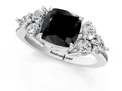 White gold Fancy Black Cushion Cut Brilliant Diamond Cluster Accent Solitaire Ring with Prong Setting_1