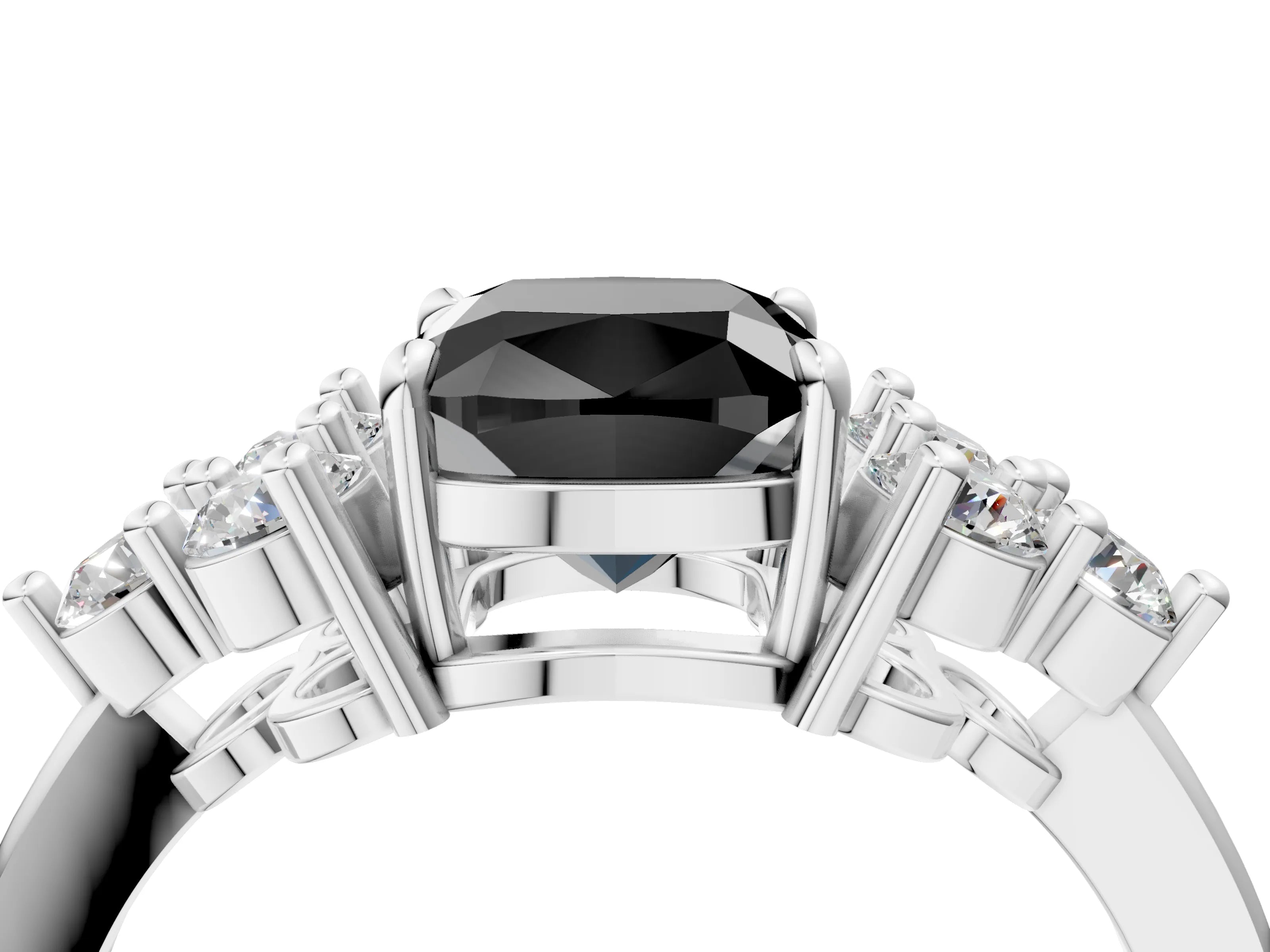 White gold Fancy Black Cushion Cut Brilliant Diamond Cluster Accent Solitaire Ring with Prong Setting_4