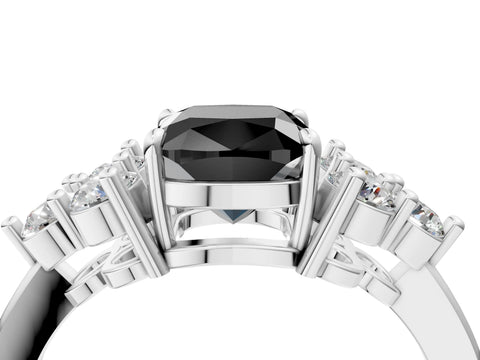 White gold Fancy Black Cushion Cut Brilliant Diamond Cluster Accent Solitaire Ring with Prong Setting_4