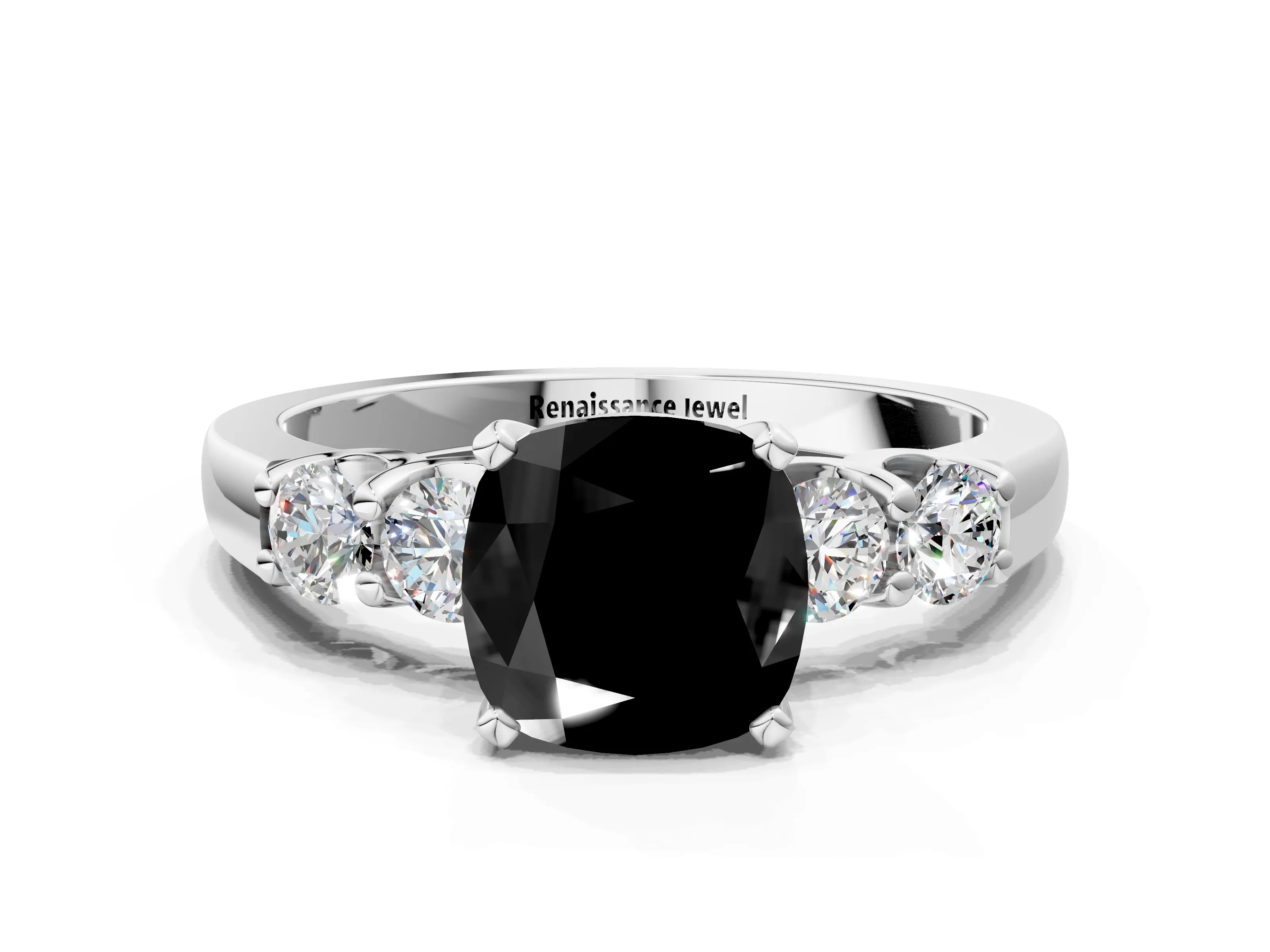 White gold Fancy Black Cushion Cut Brilliant Diamond Five-Stone Engagement Ring with Prong Setting on a Classic Band_3