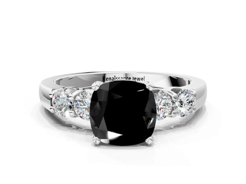 White gold Fancy Black Cushion Cut Brilliant Diamond Five-Stone Engagement Ring with Prong Setting on a Classic Band_3