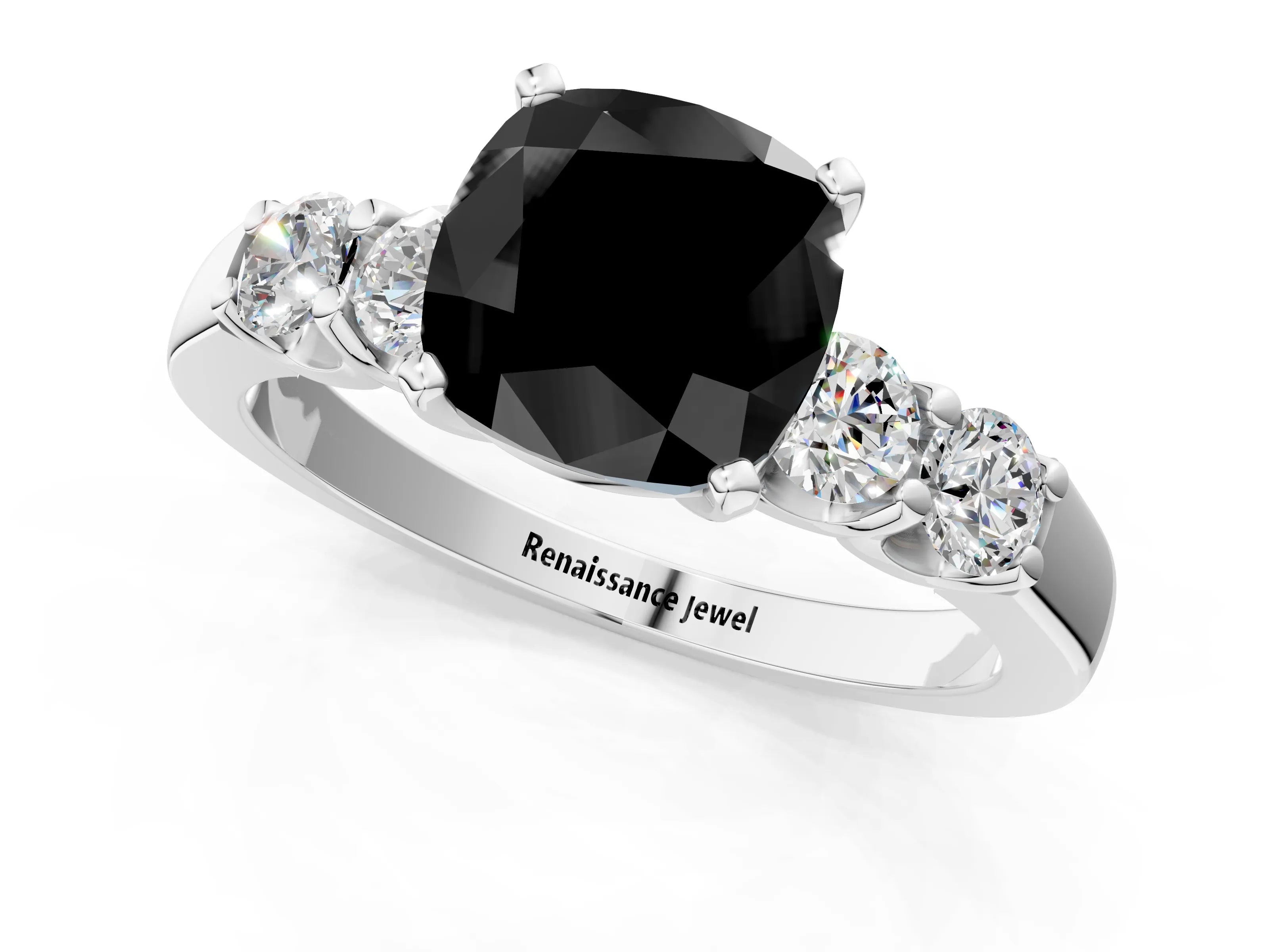 White gold Fancy Black Cushion Cut Brilliant Diamond Five-Stone Engagement Ring with Prong Setting on a Classic Band_4