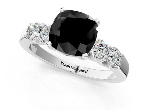 White gold Fancy Black Cushion Cut Brilliant Diamond Five-Stone Engagement Ring with Prong Setting on a Classic Band_4