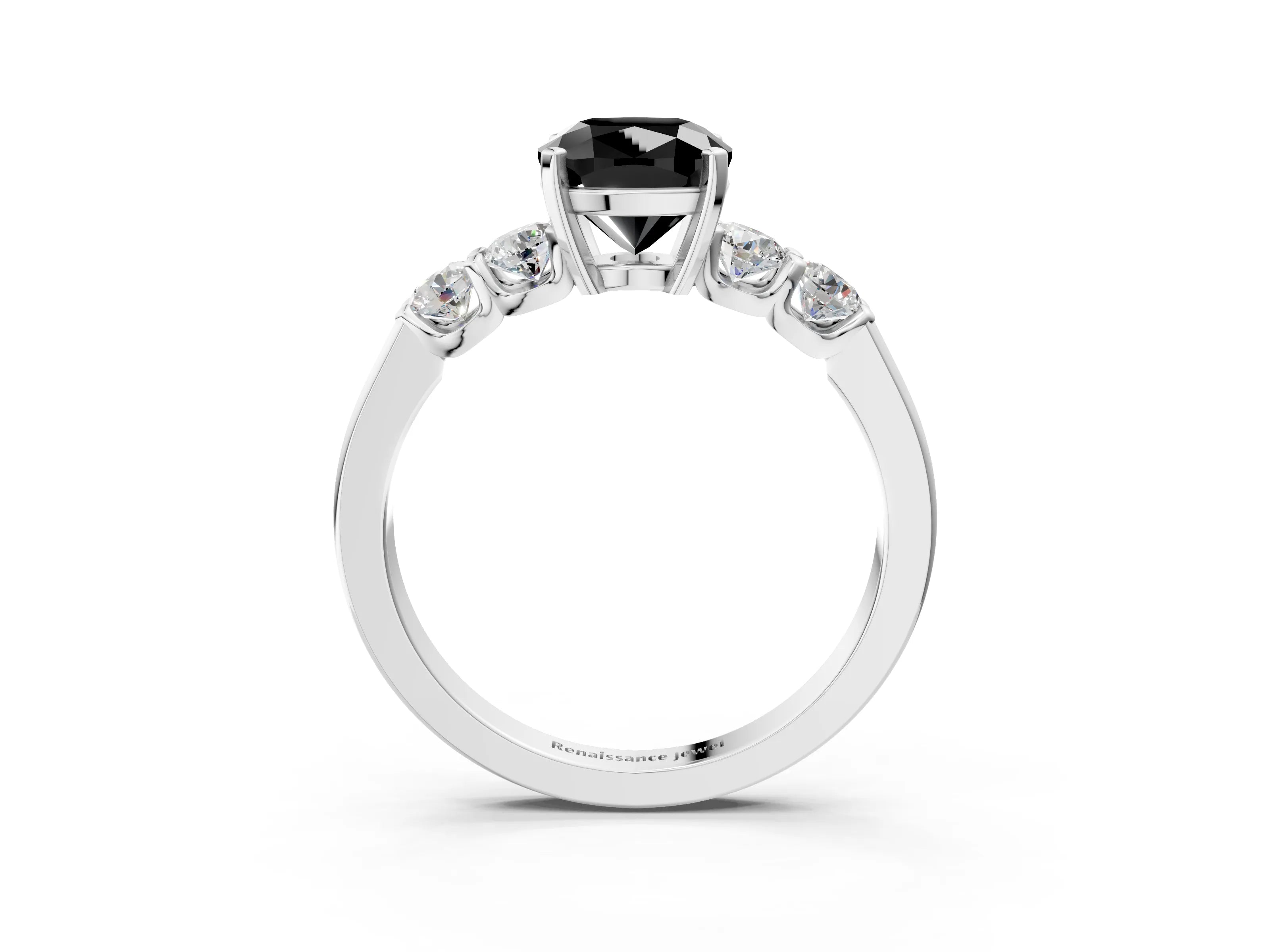 White gold Fancy Black Cushion Cut Brilliant Diamond Five-Stone Engagement Ring with Prong Setting on a Classic Band_6