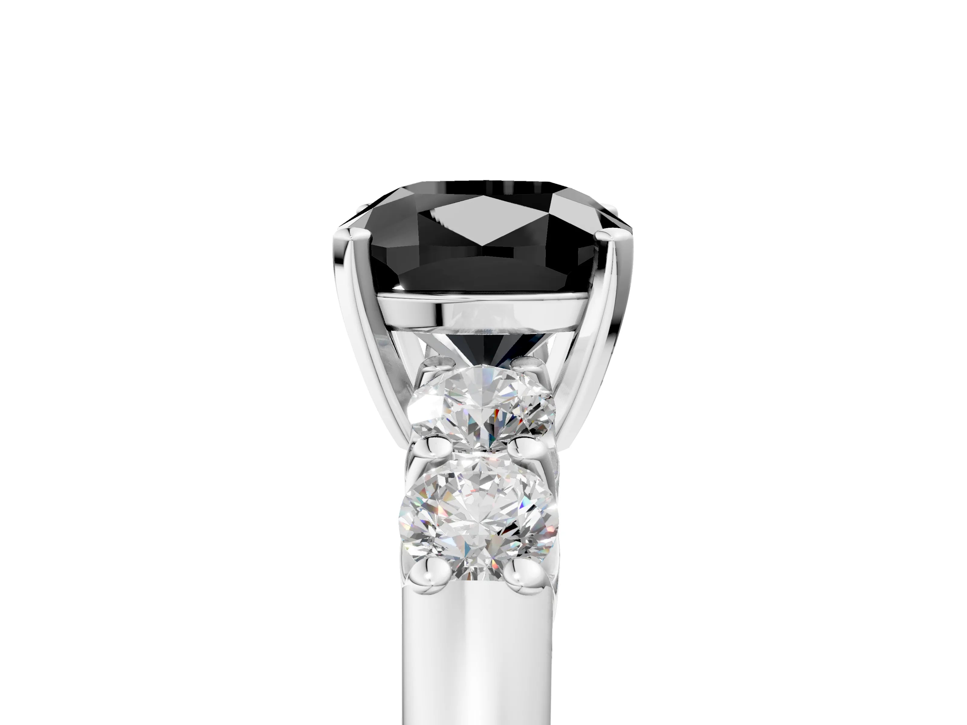 White gold Fancy Black Cushion Cut Brilliant Diamond Five-Stone Engagement Ring with Prong Setting on a Classic Band_8