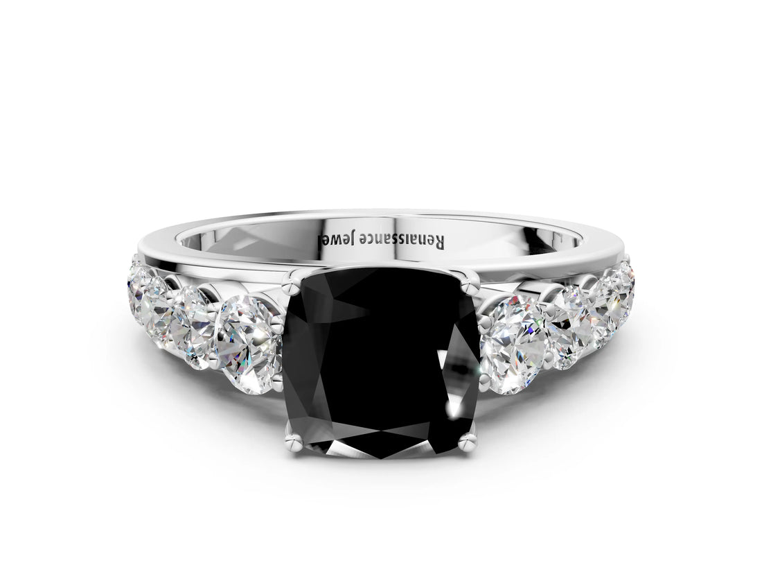 White gold Fancy Black Cushion Cut Brilliant Diamond Pavé Band with Six-Prong Setting_12