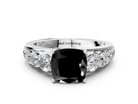 White gold Fancy Black Cushion Cut Brilliant Diamond Pavé Band with Six-Prong Setting