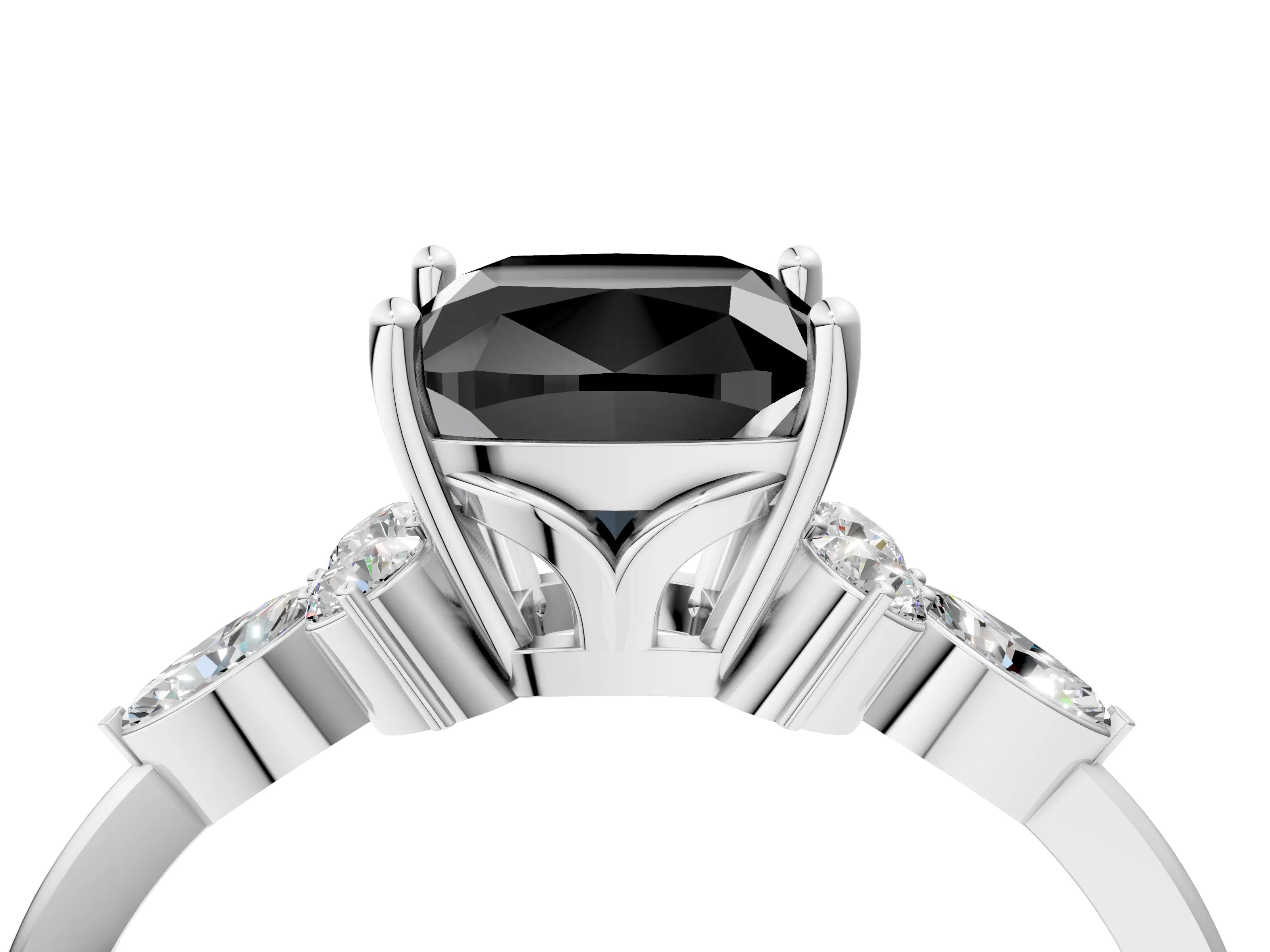 White gold Fancy Black Cushion Cut Brilliant Diamond Solitaire Ring with Pear Side Stones and Four-Prong Setting_10