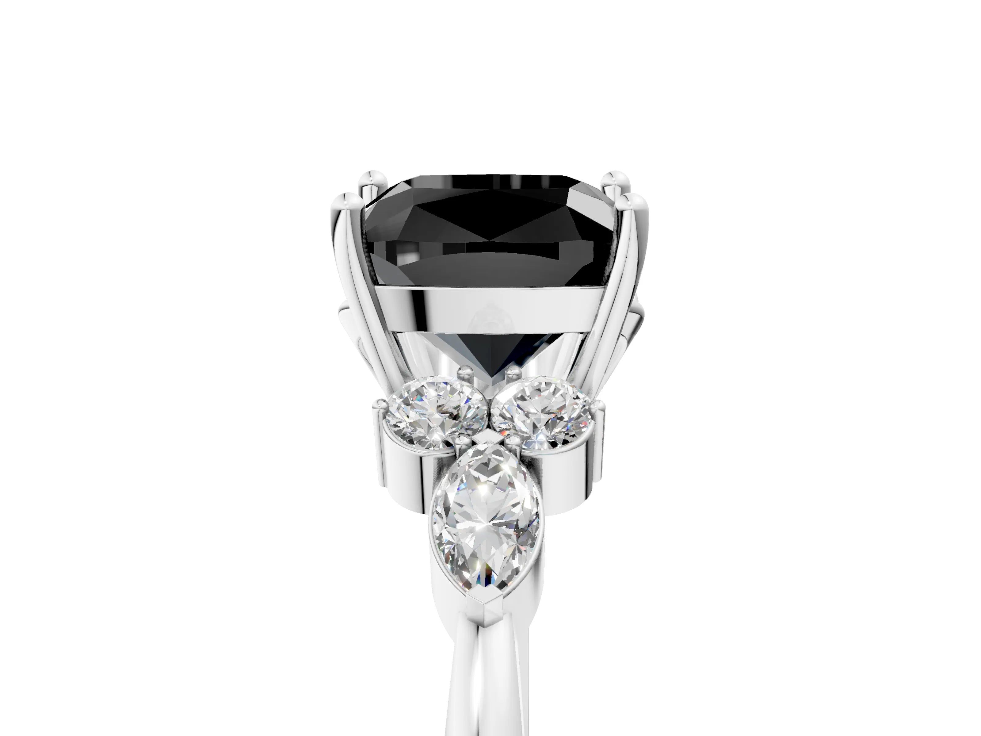 White gold Fancy Black Cushion Cut Brilliant Diamond Solitaire Ring with Pear Side Stones and Four-Prong Setting_11