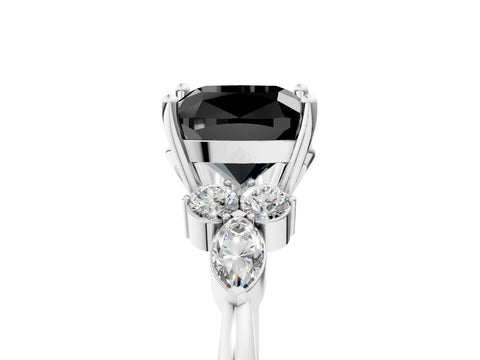 White gold Fancy Black Cushion Cut Brilliant Diamond Solitaire Ring with Pear Side Stones and Four-Prong Setting_11