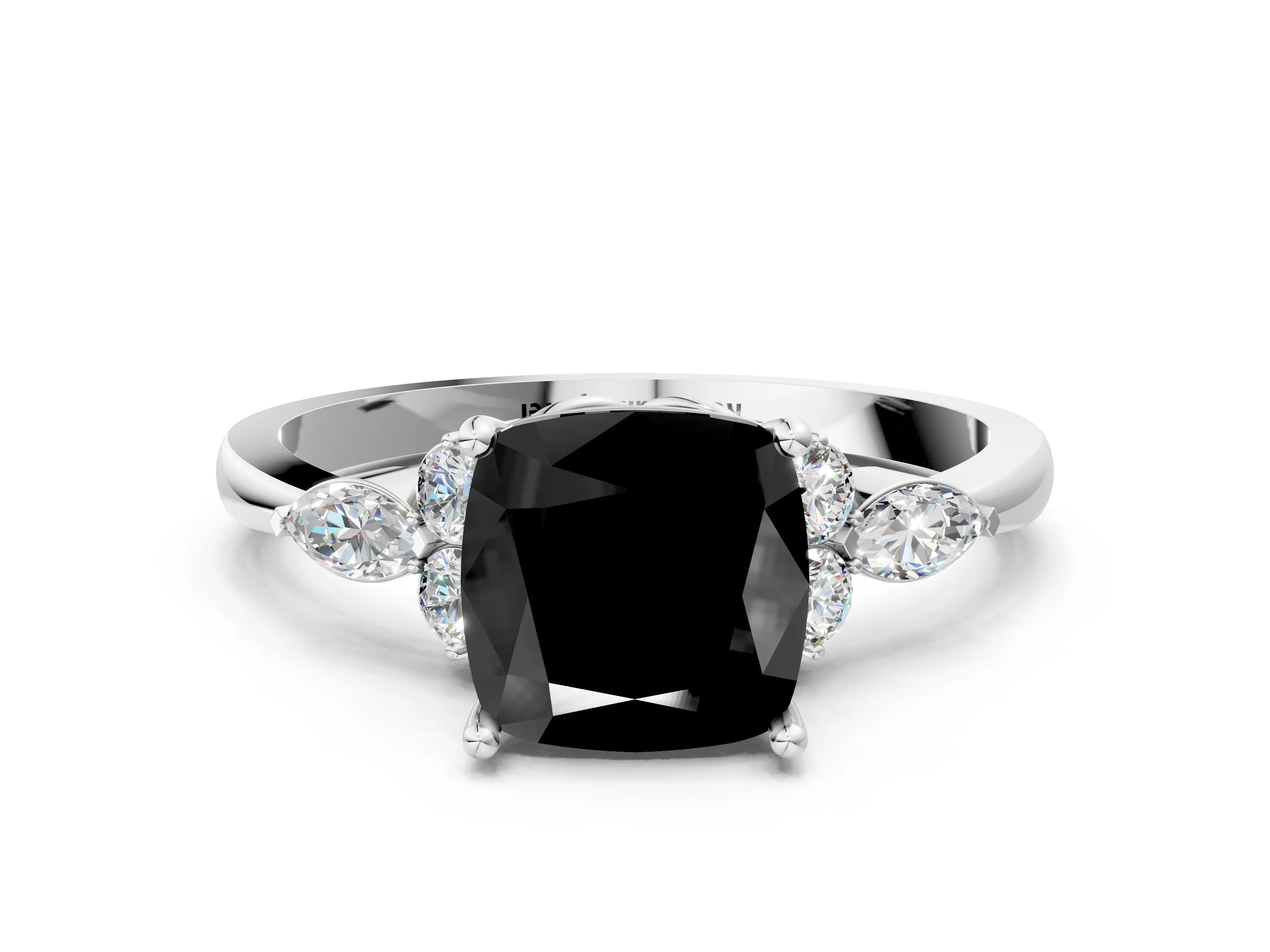 White gold Fancy Black Cushion Cut Brilliant Diamond Solitaire Ring with Pear Side Stones and Four-Prong Setting_6