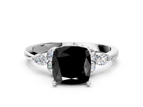 White gold Fancy Black Cushion Cut Brilliant Diamond Solitaire Ring with Pear Side Stones and Four-Prong Setting_6