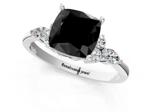 White gold Fancy Black Cushion Cut Brilliant Diamond Solitaire Ring with Pear Side Stones and Four-Prong Setting_7