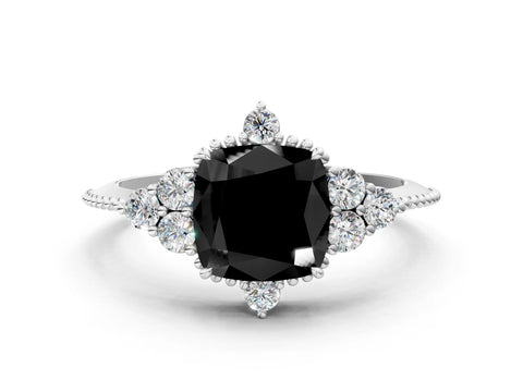 White gold Fancy Black Cushion Cut Brilliant Diamond with Cluster Setting on a Beaded Band and Four-Prong Setting_12