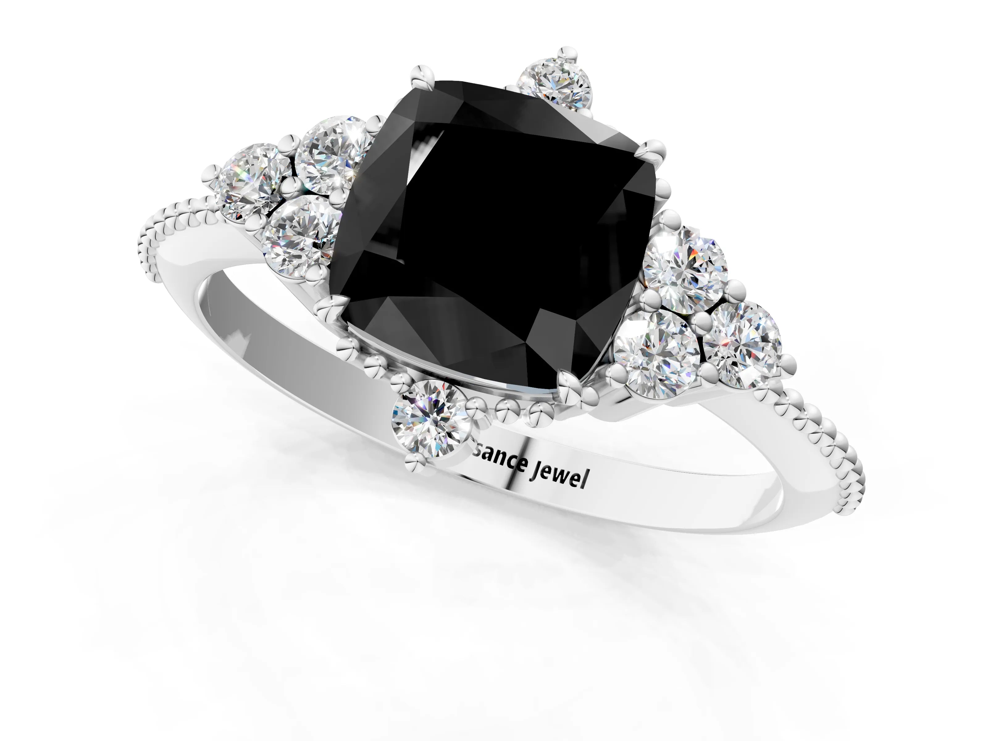 White gold Fancy Black Cushion Cut Brilliant Diamond with Cluster Setting on a Beaded Band and Four-Prong Setting_13