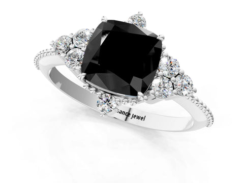 White gold Fancy Black Cushion Cut Brilliant Diamond with Cluster Setting on a Beaded Band and Four-Prong Setting_13