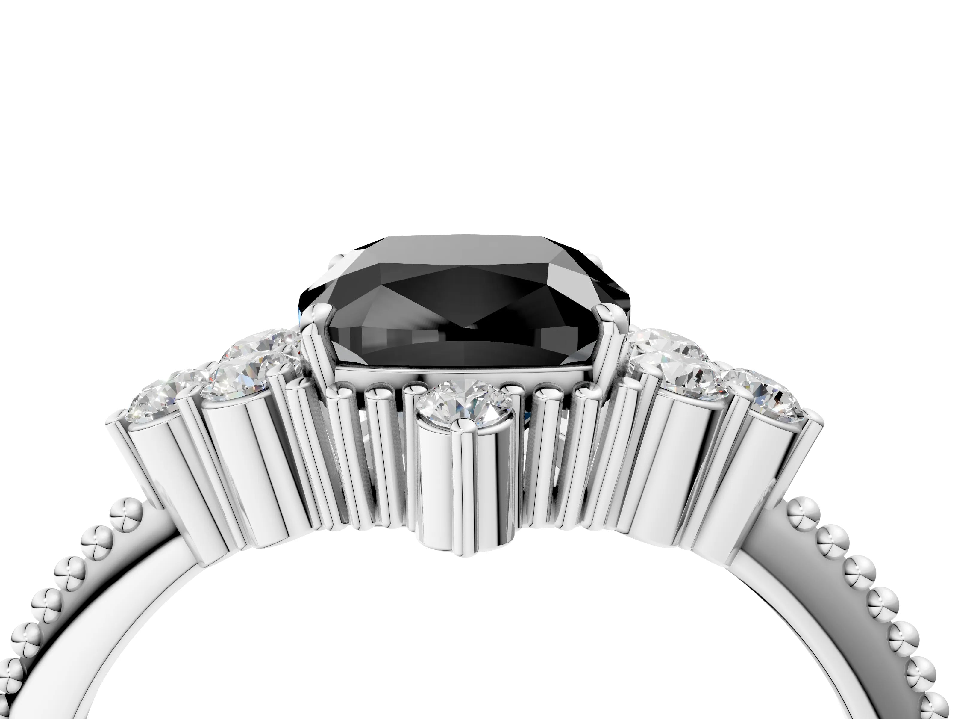 White gold Fancy Black Cushion Cut Brilliant Diamond with Cluster Setting on a Beaded Band and Four-Prong Setting_16
