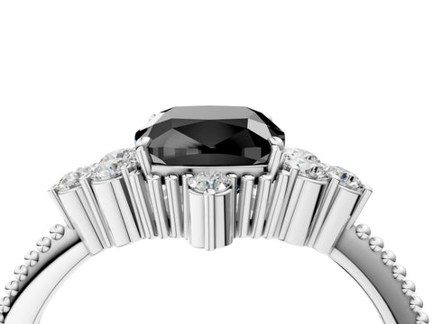 White gold Fancy Black Cushion Cut Brilliant Diamond with Cluster Setting on a Beaded Band and Four-Prong Setting_16
