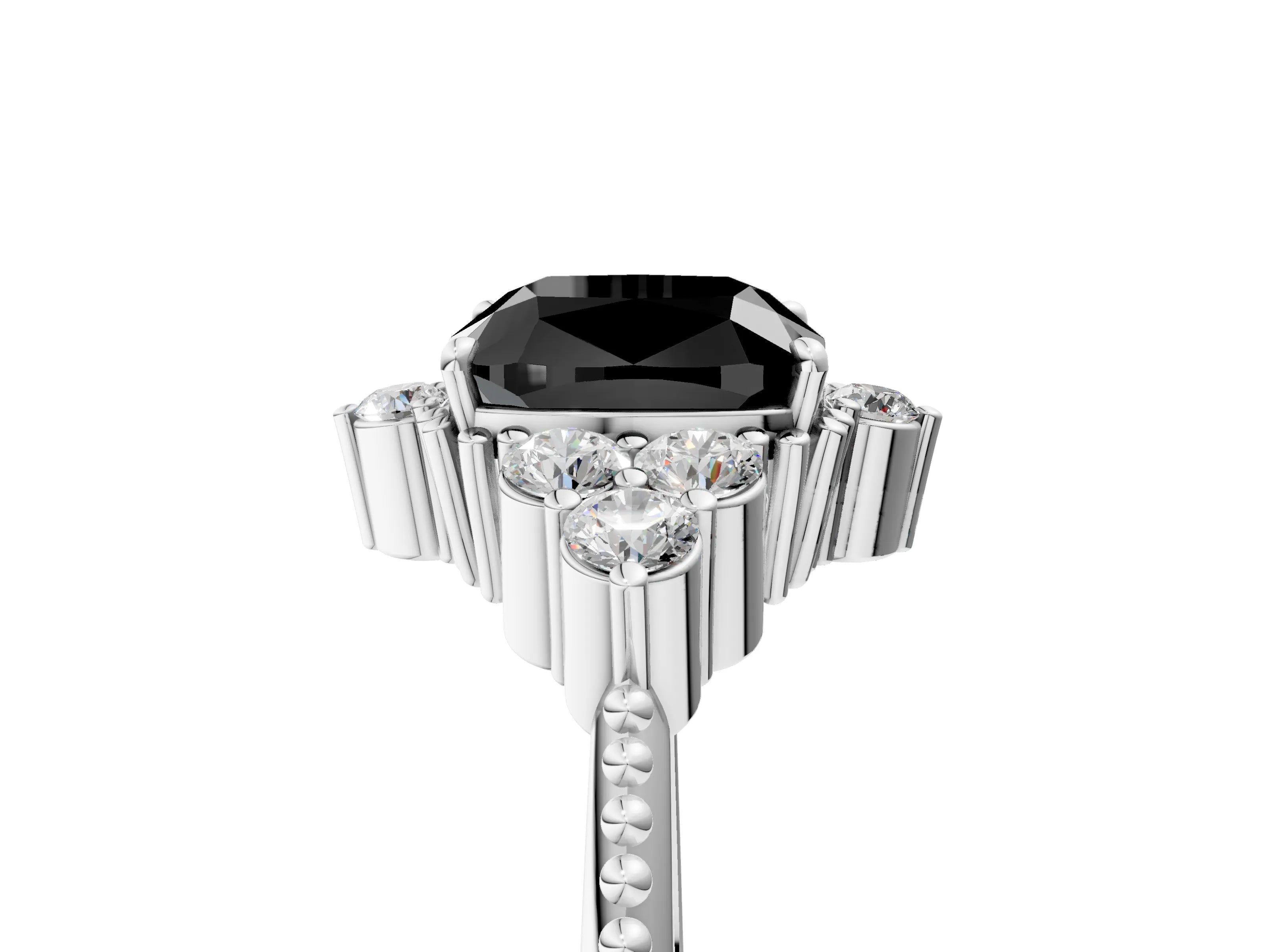 White gold Fancy Black Cushion Cut Brilliant Diamond with Cluster Setting on a Beaded Band and Four-Prong Setting_17