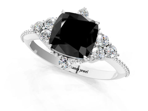White gold Fancy Black Cushion Cut Brilliant Diamond with Cluster Setting on a Beaded Band and Four-Prong Setting_1