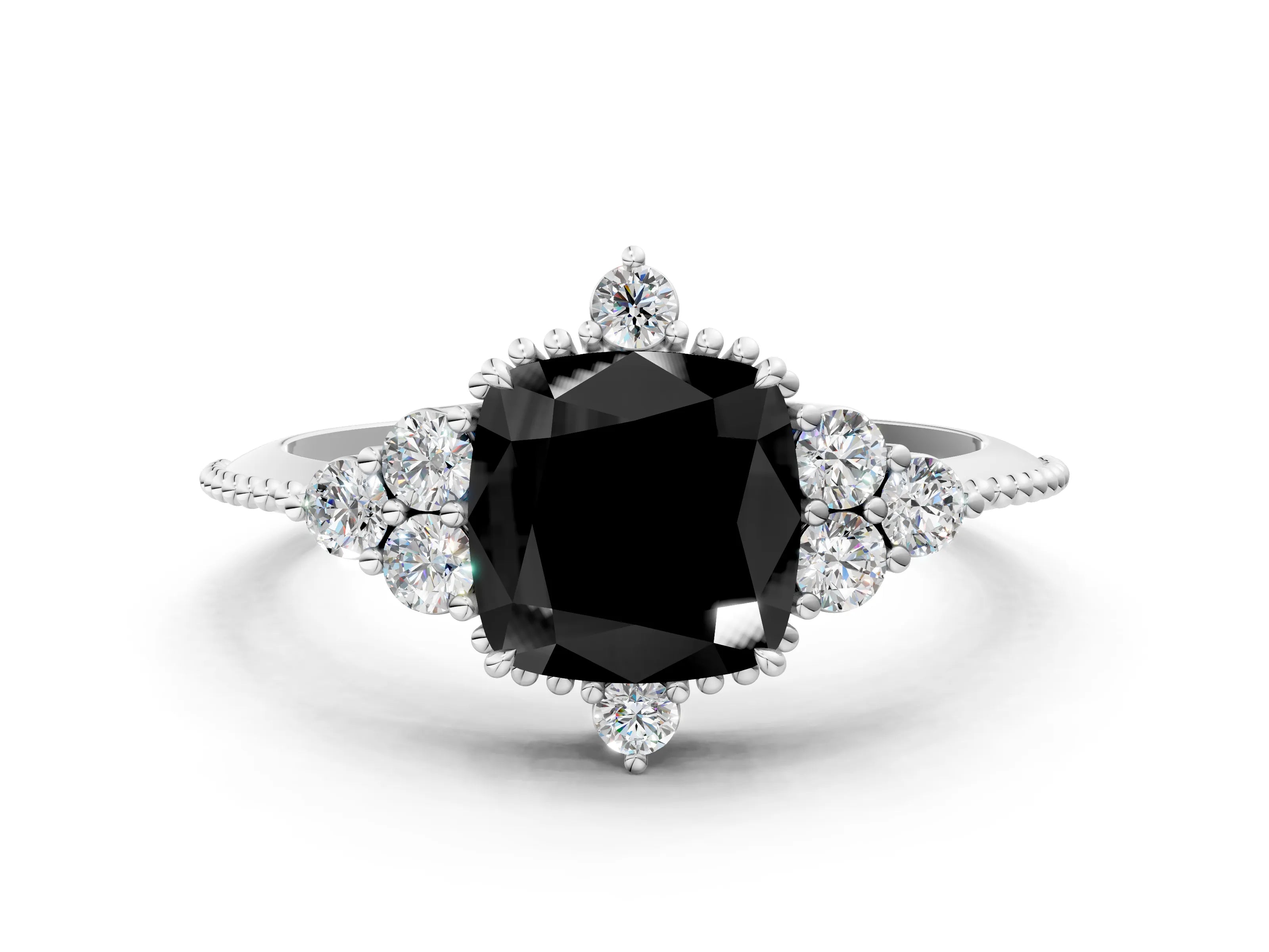 White gold Fancy Black Cushion Cut Brilliant Diamond with Cluster Setting on a Beaded Band and Four-Prong Setting_20