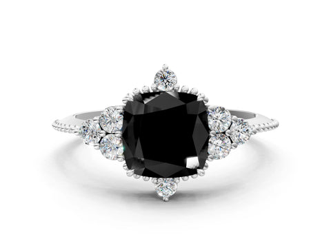White gold Fancy Black Cushion Cut Brilliant Diamond with Cluster Setting on a Beaded Band and Four-Prong Setting_20
