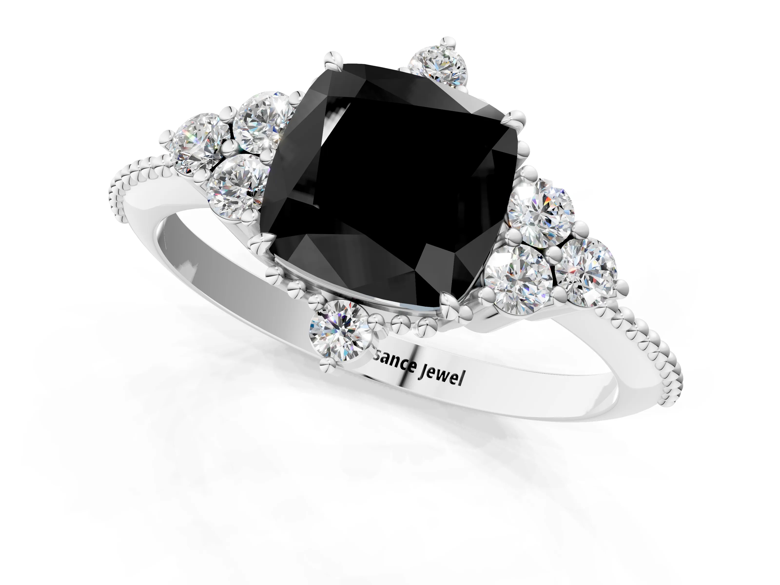 White gold Fancy Black Cushion Cut Brilliant Diamond with Cluster Setting on a Beaded Band and Four-Prong Setting_25
