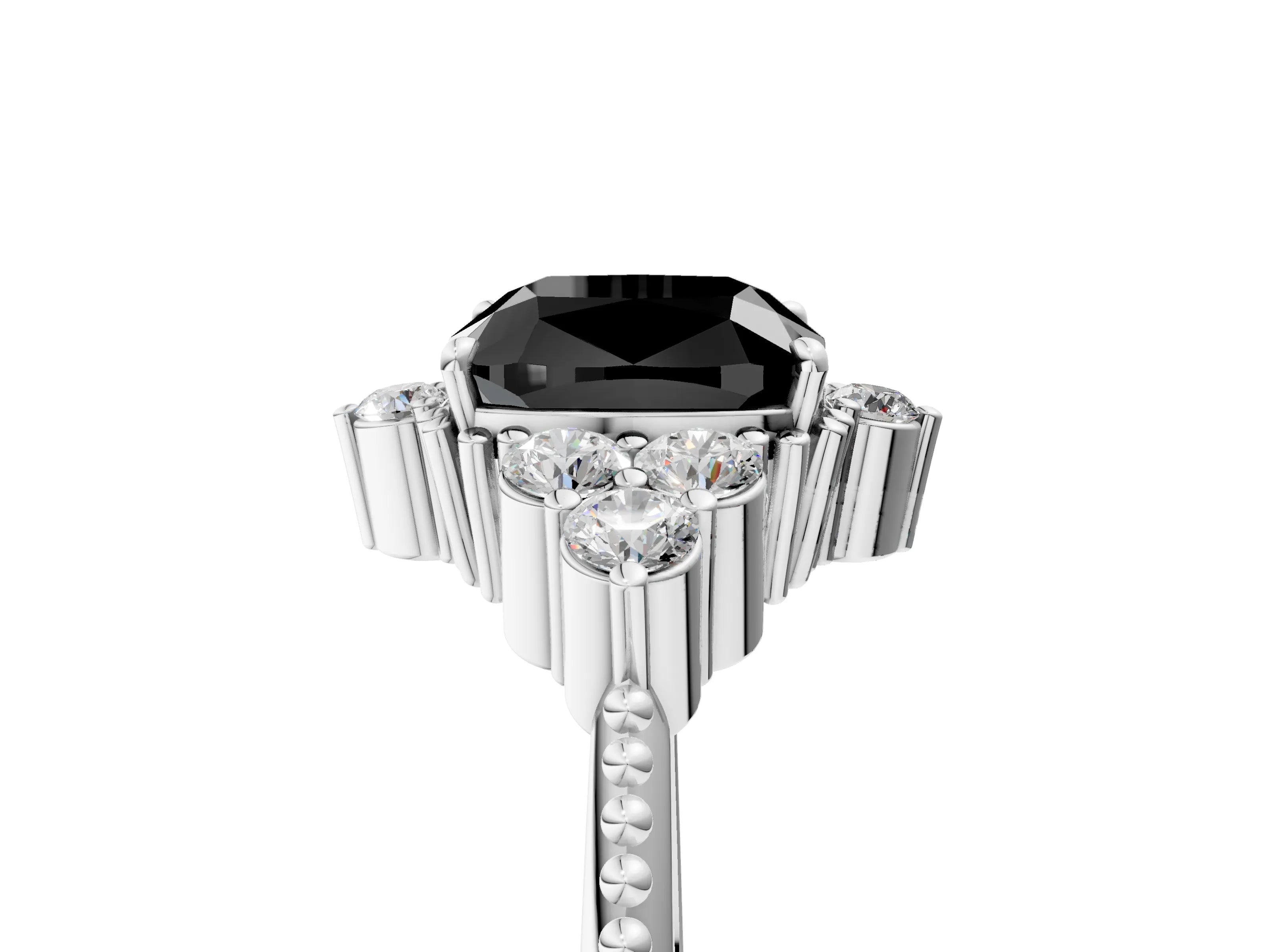 White gold Fancy Black Cushion Cut Brilliant Diamond with Cluster Setting on a Beaded Band and Four-Prong Setting_29