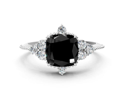 White gold Fancy Black Cushion Cut Brilliant Diamond with Cluster Setting on a Beaded Band and Four-Prong Setting_42