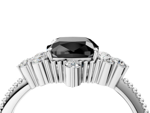 White gold Fancy Black Cushion Cut Brilliant Diamond with Cluster Setting on a Beaded Band and Four-Prong Setting_46