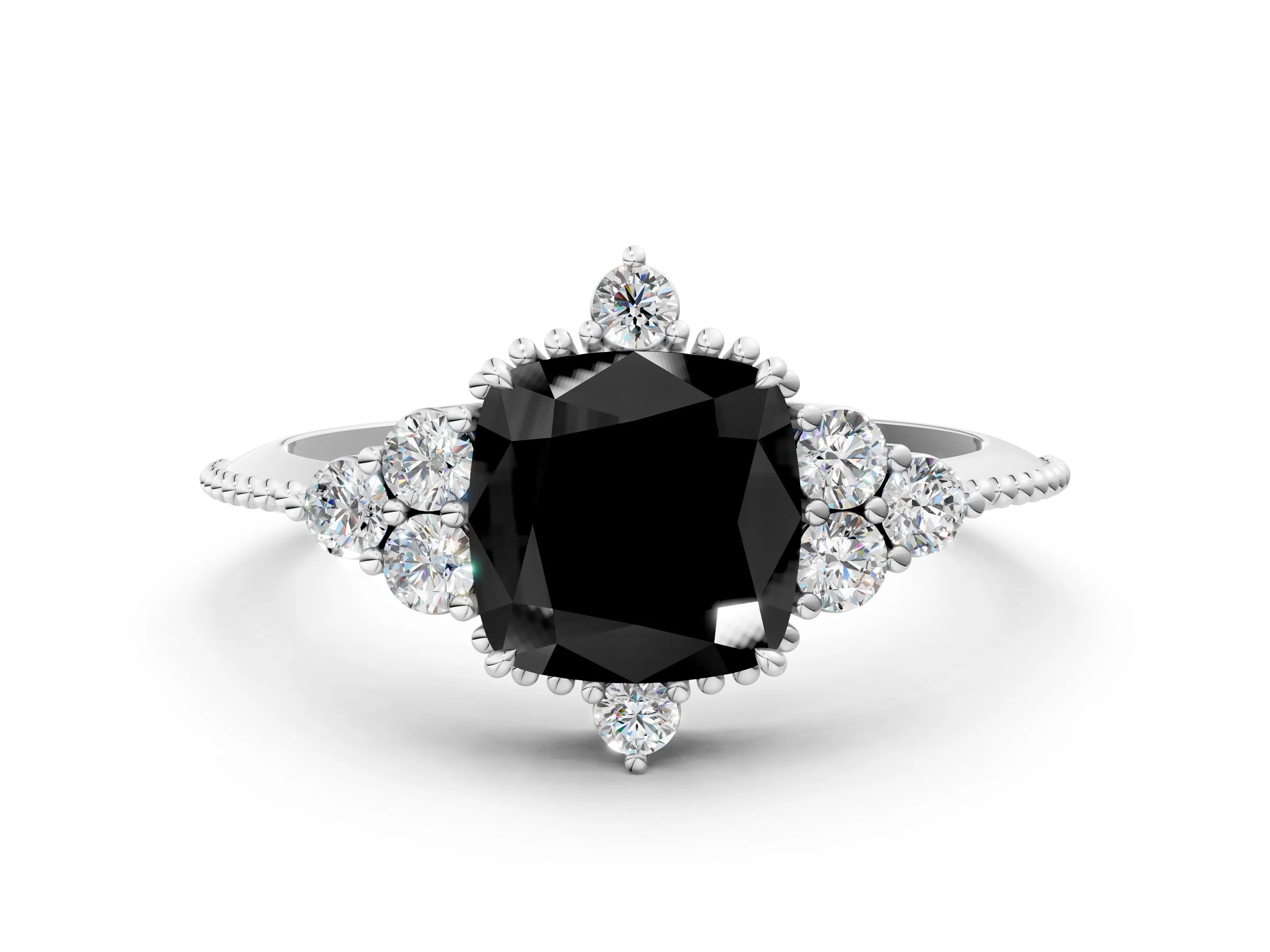 White gold Fancy Black Cushion Cut Brilliant Diamond with Cluster Setting on a Beaded Band and Four-Prong Setting_67