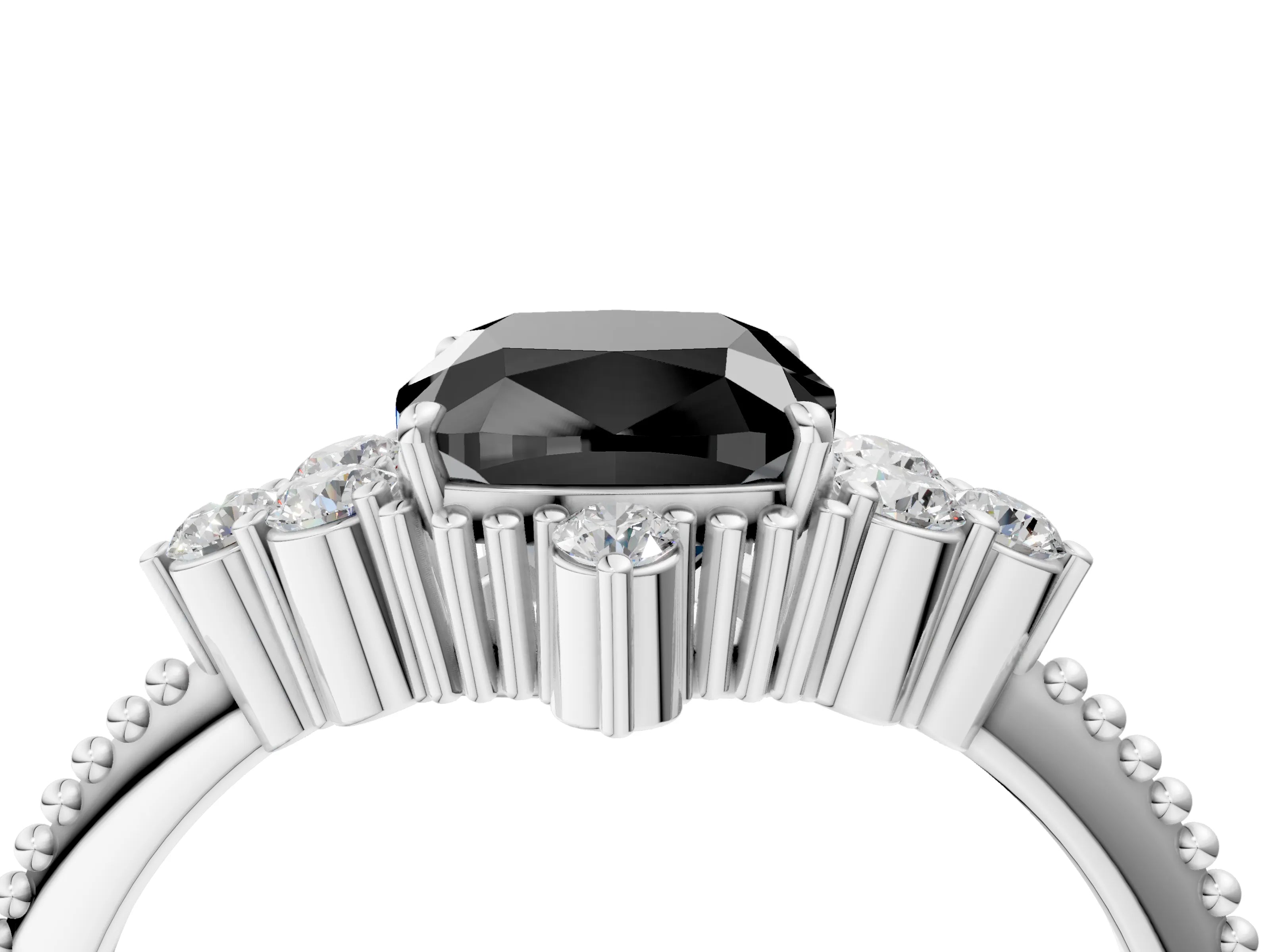 White gold Fancy Black Cushion Cut Brilliant Diamond with Cluster Setting on a Beaded Band and Four-Prong Setting_71