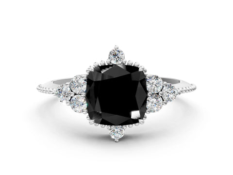 White gold Fancy Black Cushion Cut Brilliant Diamond with Cluster Setting on a Beaded Band and Four-Prong Setting_71
