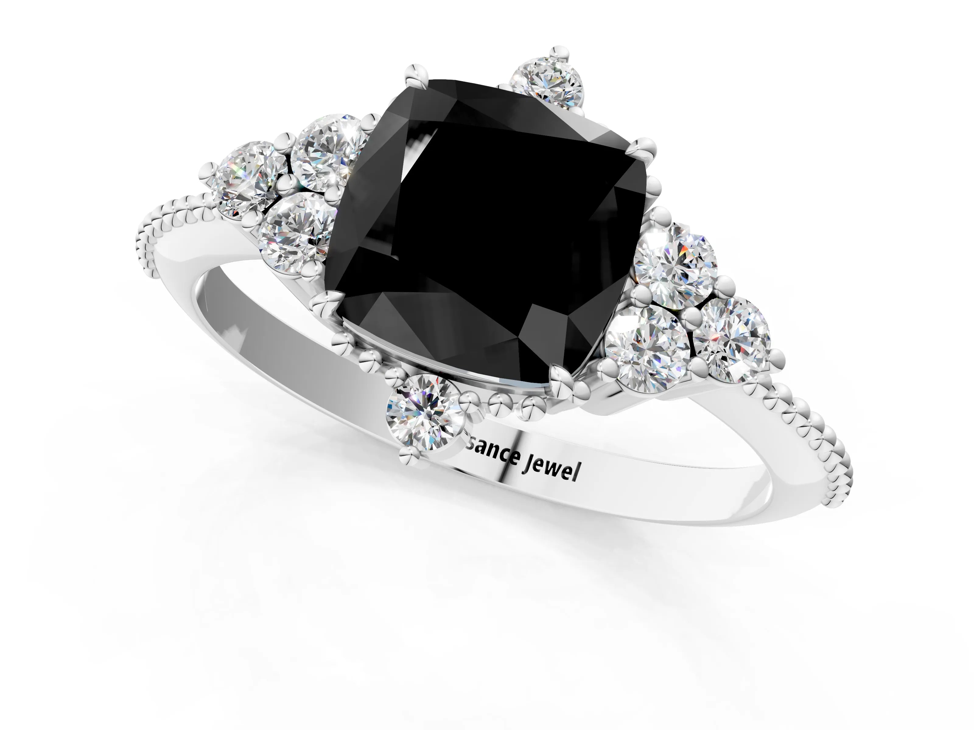 White gold Fancy Black Cushion Cut Brilliant Diamond with Cluster Setting on a Beaded Band and Four-Prong Setting_72