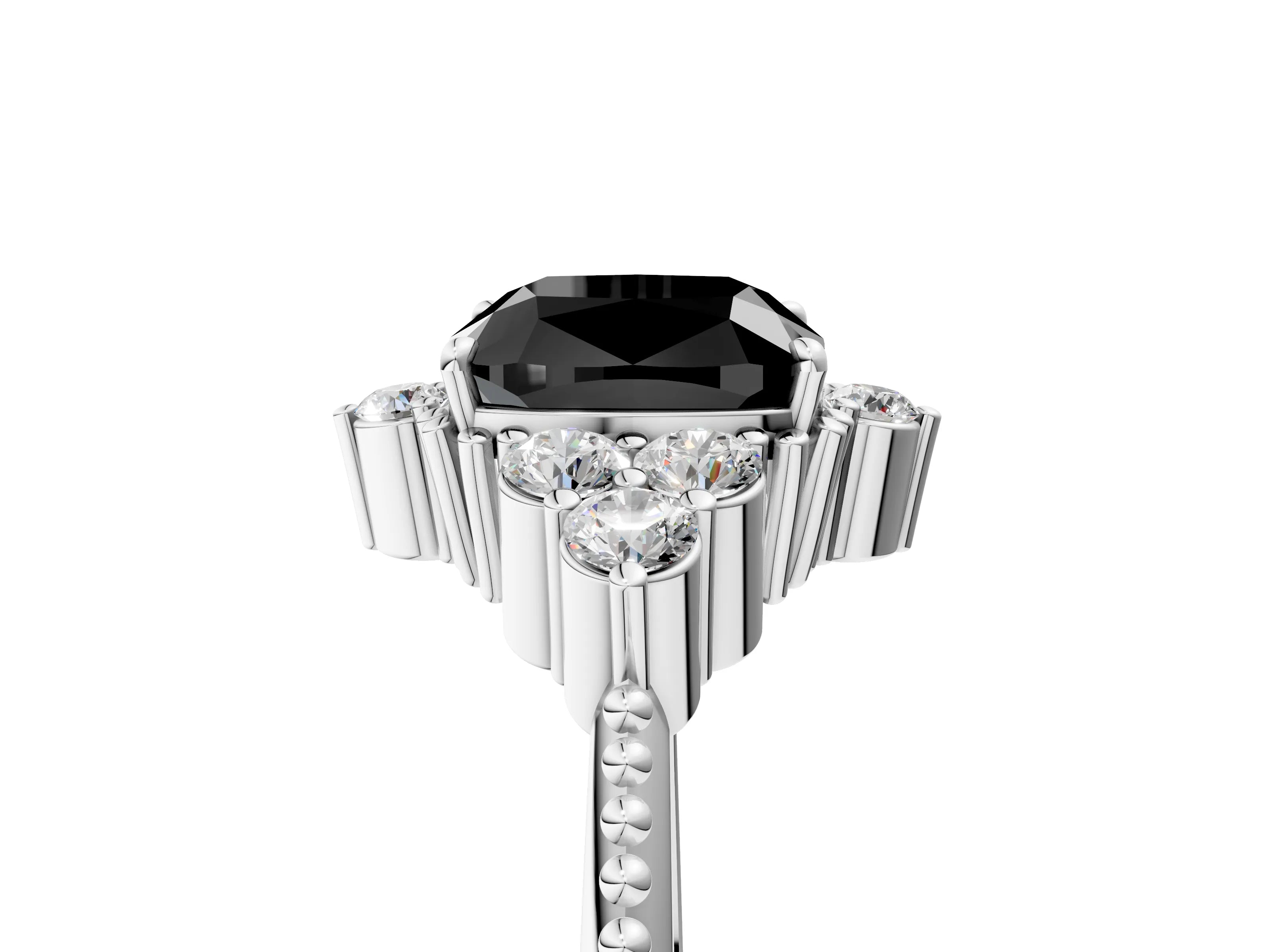 White gold Fancy Black Cushion Cut Brilliant Diamond with Cluster Setting on a Beaded Band and Four-Prong Setting_76