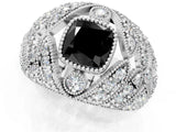 White gold Fancy Black Cushion Cut Brilliant Halo Pave Diamond Milgrain Ring_1