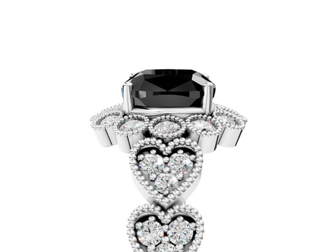 White gold Fancy Black Cushion Cut Brilliant Milgrain Pave Heart Band Solitaire Ring_17