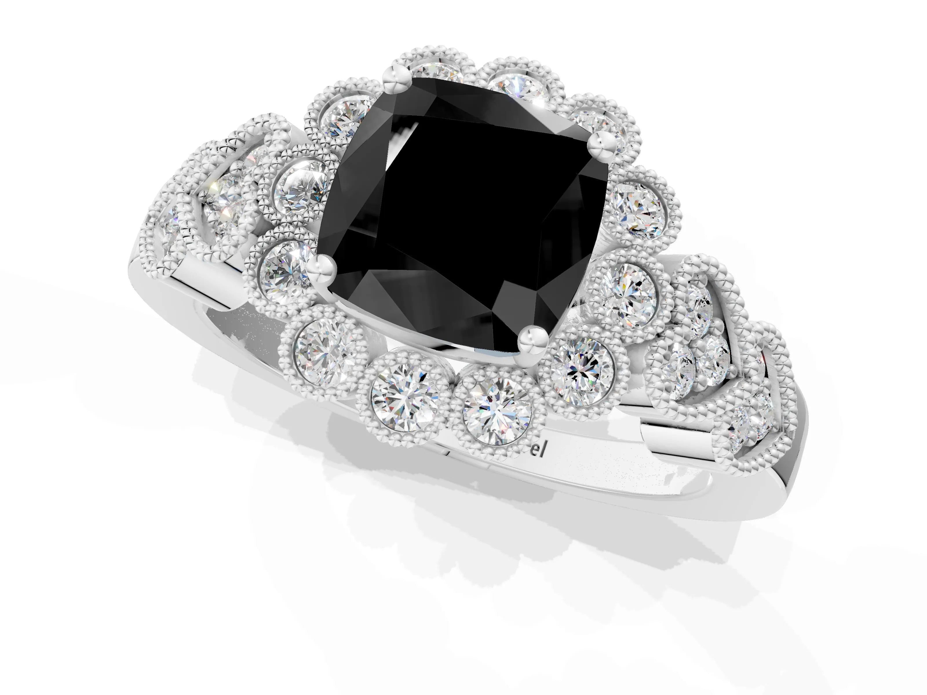 White gold Fancy Black Cushion Cut Brilliant Milgrain Pave Heart Band Solitaire Ring_1