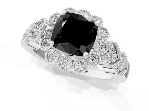 White gold Fancy Black Cushion Cut Brilliant Milgrain Pave Heart Band Solitaire Ring_1