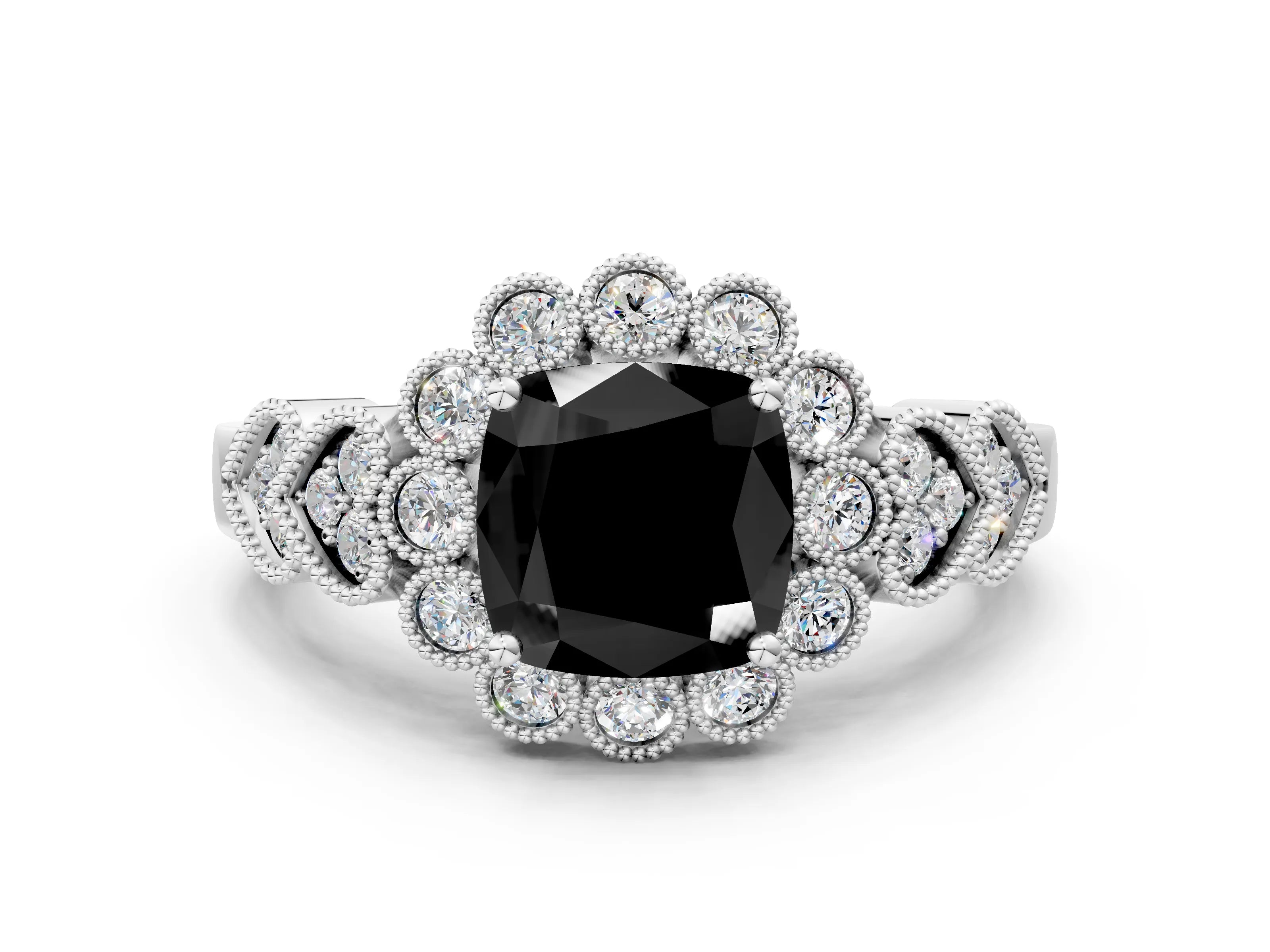 White gold Fancy Black Cushion Cut Brilliant Milgrain Pave Heart Band Solitaire Ring_24