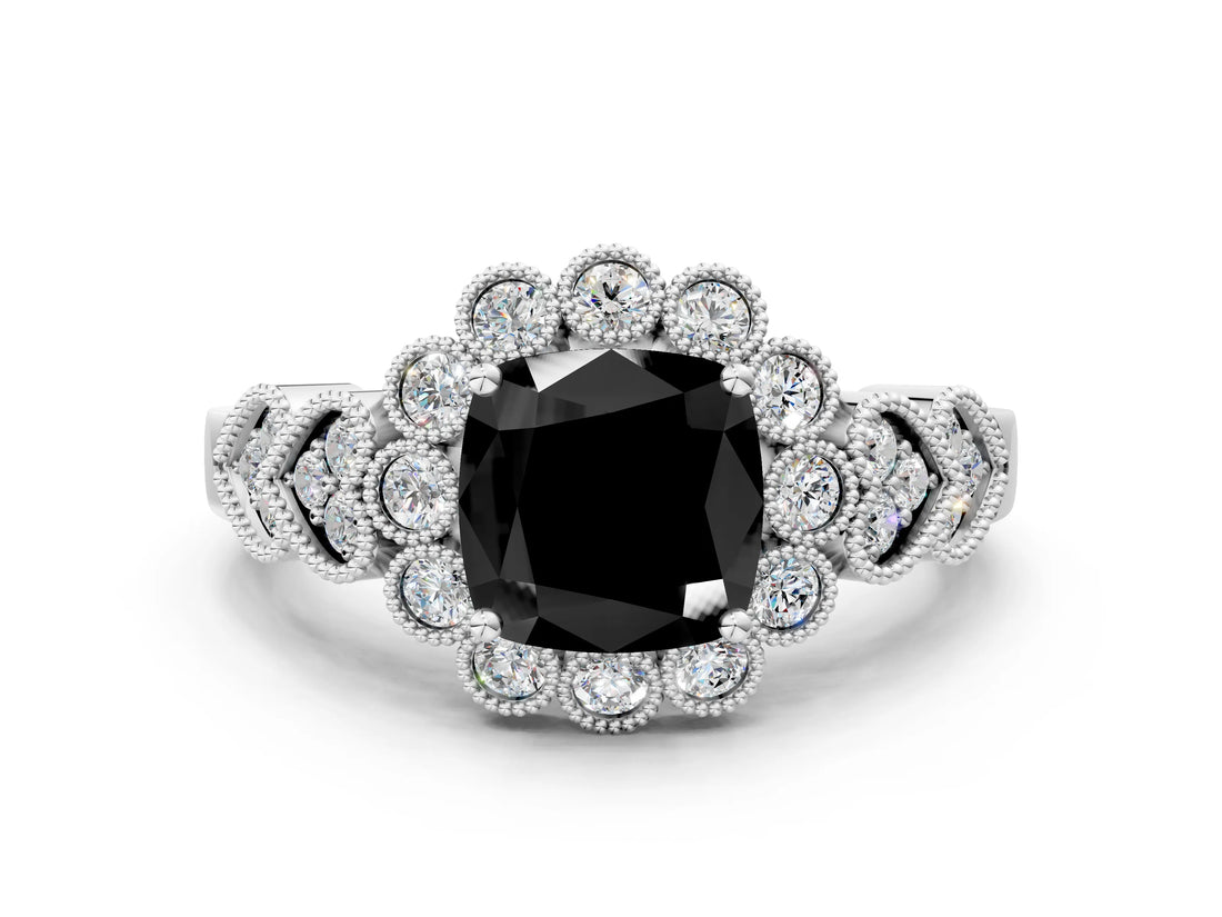 White gold Fancy Black Cushion Cut Brilliant Milgrain Pave Heart Band Solitaire Ring_24