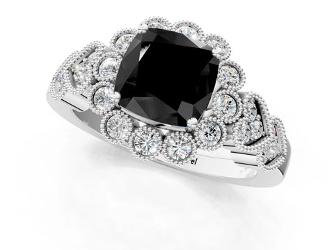 White gold Fancy Black Cushion Cut Brilliant Milgrain Pave Heart Band Solitaire Ring_24